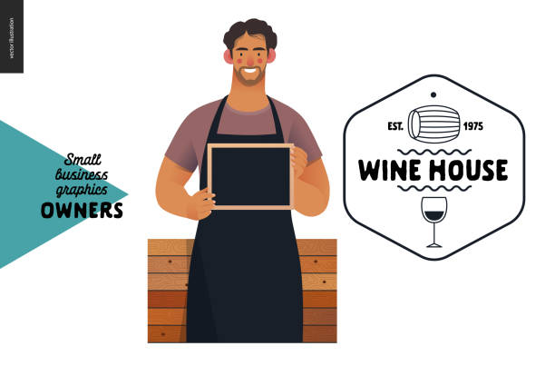 Owners - small business graphics - wine house Wine house -small business owners graphics -owner with a blackboard. Modern flat vector concept illustrations - young man wearing black apron, standing at the wooden counter. Shop logo hot mix plant stock illustrations