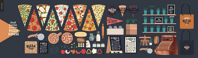 Pizza house -small business graphics -product range. Modern flat vector concept illustrations -pizza slices, delivery box, topping, dough, roller, menu on blackboard, rolling pin, flour, eggs, sieve
