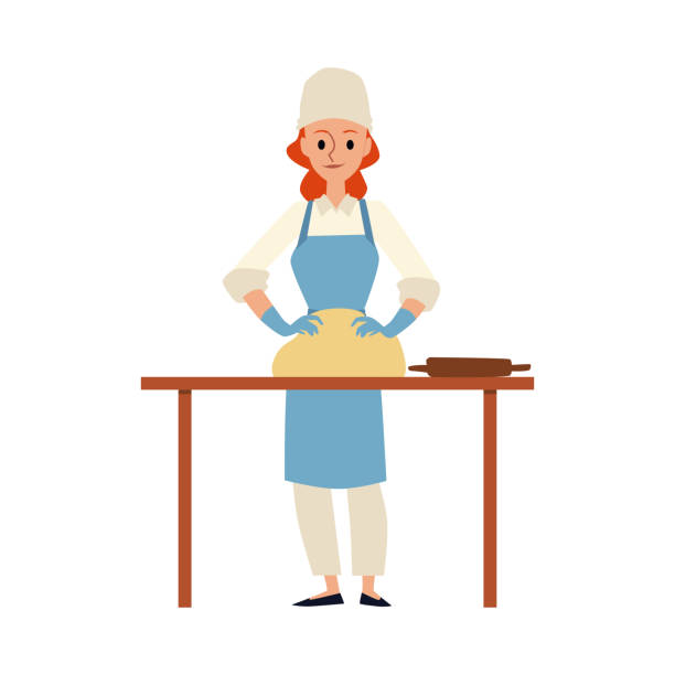 漫画のパン屋は生地をこねます - シェフの帽子とテーブルのそばに立つエプロンの女性 - baker bakery chef bread点のイラスト素材／クリップアート素材／マンガ素材／アイコン素材
