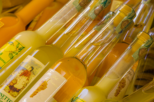 The Italian region of Cinque Terre on October 24, 2013: limoncello liqueur on display for sale in the town of Riomaggiore in the Cinque Terre area of Italy