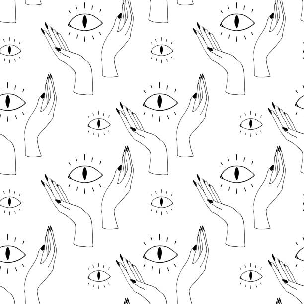 악마의 눈 - 고딕 양식의 손과 마법의 징후와 신비주의 인쇄. - occultism stock illustrations