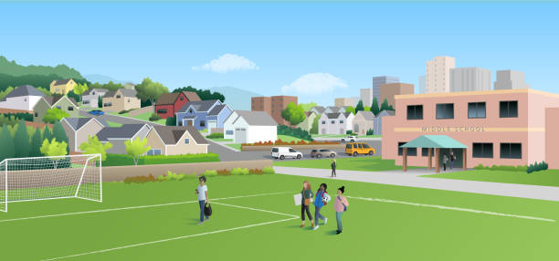 Homes on the Hill with School vector art illustration