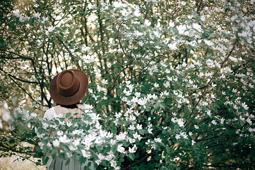 Stylish boho woman in hat posing in blooming tree with white flowers in spring park. Back of beautiful hipster girl standing among white blooms in spring. Copy space. Atmospheric moment