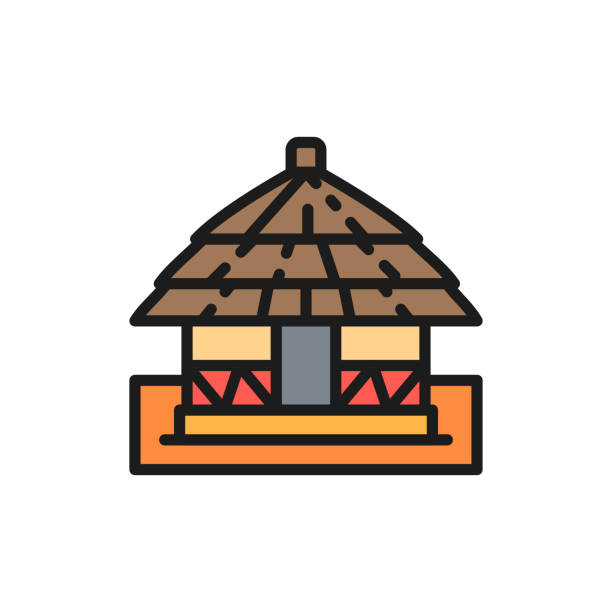 ilustrações de stock, clip art, desenhos animados e ícones de vector african local traditional house flat color line icon. - africa south africa african culture plain