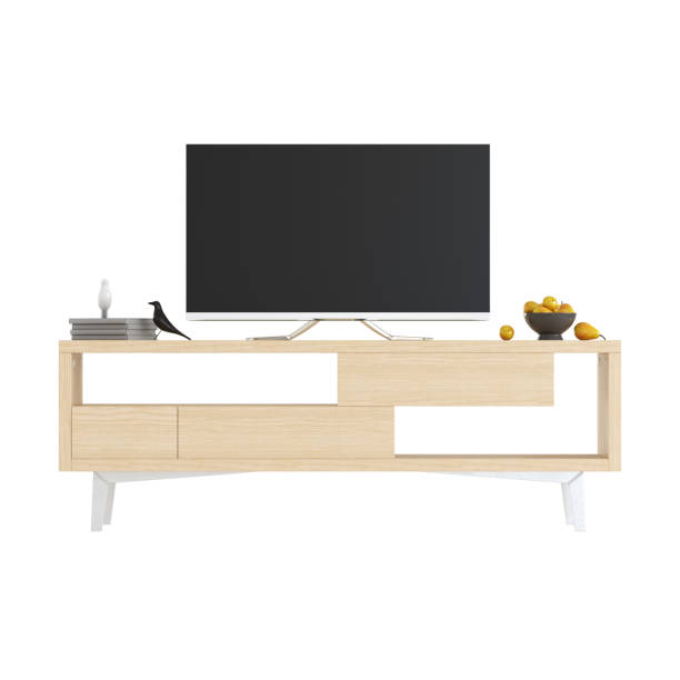 istock A light wooden tv nightstand on a white background with a TV. 3d rendering 1198886202