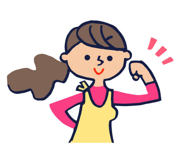 A woman in an apron wearing a guts pose people, woman, Portrait, facial expression white background waist up looking at camera people stock illustrations