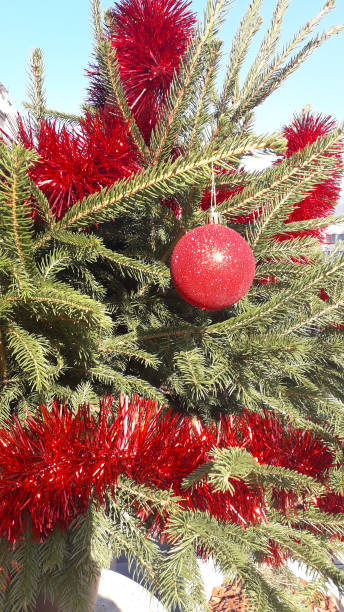 istock New Year decoration with bright red ball and evergreen branches 1198887234