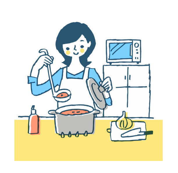 frau macht suppe in der küche - kochen stock-grafiken, -clipart, -cartoons und -symbole