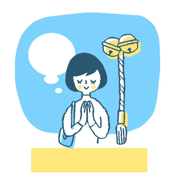 A woman visiting a Japanese shrine Person, lifestyle, life scene, facial expression shinto shrine stock illustrations