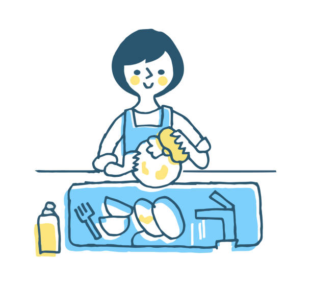 Housewife washing dishes in the sink Person, lifestyle, life scene, facial expression clean room stock illustrations