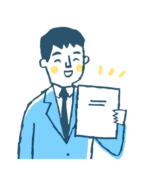 ilustrações, clipart, desenhos animados e ícones de jovem empresário olhando feliz com documentos - asian ethnicity businessman white background holding