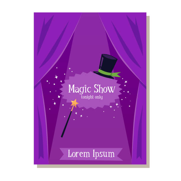 Magic show card or poster template with hat and wand, flat vector illustration. Magic show card or poster template with illusionist hat and magic wand, flat cartoon vector illustration on purple background. Invitation to entertainment performance. magic curtain magic trick magic wand stock illustrations