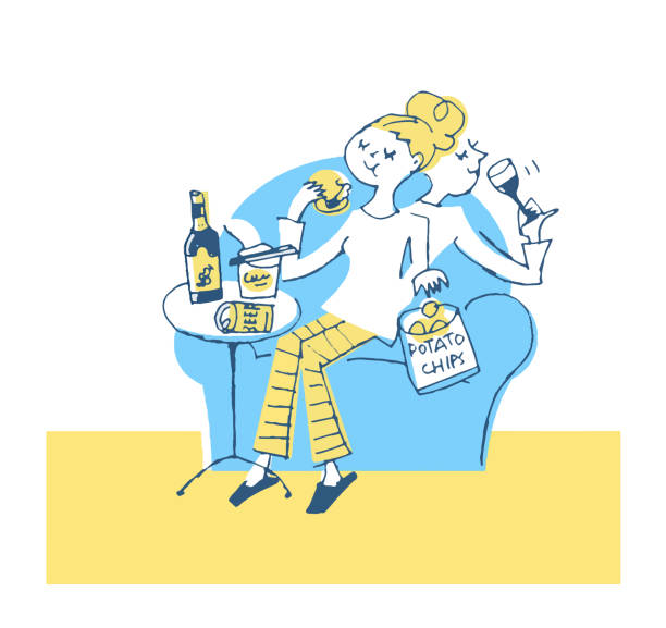 młoda kobieta o niezdrowym posiłku - white background food and drink full length horizontal stock illustrations