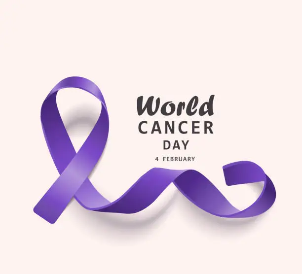 Vector illustration of World cancer day banner with curled purple ribbon loop