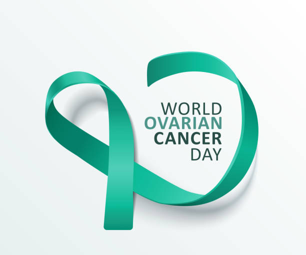 World ovarian cancer day - isolated banner with satin teal ribbon loop World ovarian cancer day - isolated banner with satin teal ribbon loop with text on white background. Global illness awareness and support campaign poster - vector illustration. ovarian cancer stock illustrations