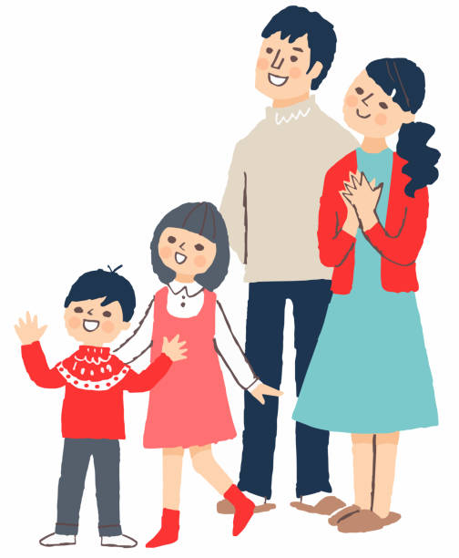 同じ方向を見て幸せな4人の家族 - looking surprise portrait white background点のイラスト素材／クリップアート素材／マンガ素材／アイコン素材