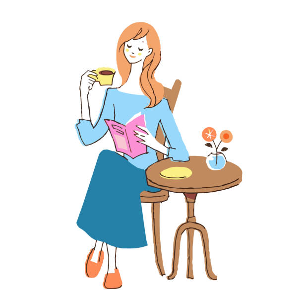 お茶を飲みながら読書をする若い女性 - side table illustrations点のイラスト素材／クリップアート素材／マンガ素材／アイコン素材