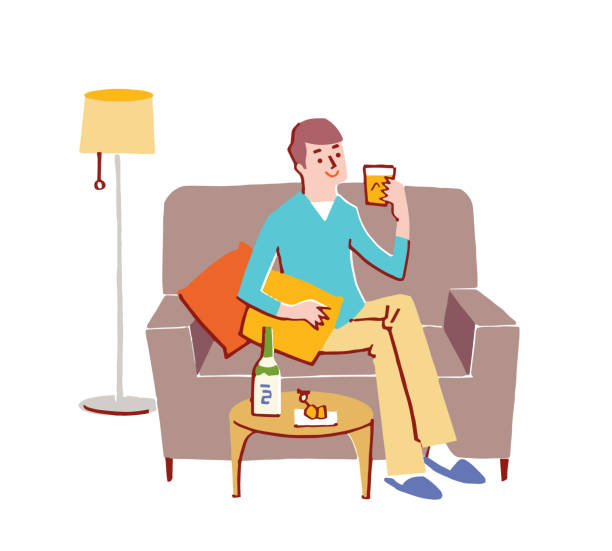 ソファでリラックスしながらお酒を飲む男 - side table illustrations点のイラスト素材／クリップアート素材／マンガ素材／アイコン素材