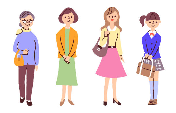 ilustraciones, imágenes clip art, dibujos animados e iconos de stock de 4 mujeres de varias generaciones - multi generation family