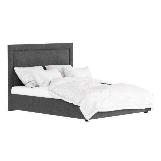 istock Gray soft double bed with fabric upholstery and white bedding on a white background. 3d rendering. 1198891974