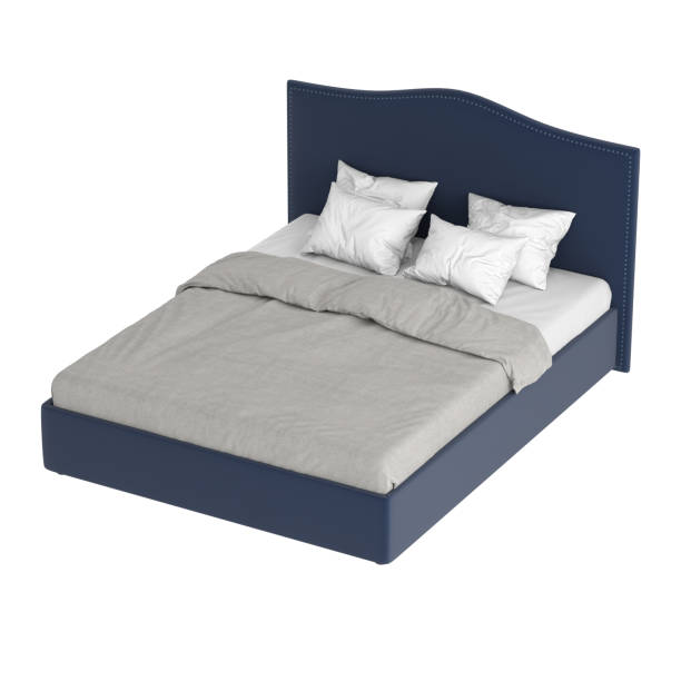 istock Double bed with blue upholstery and white and gray linen on a white background. 3d rendering 1198891975