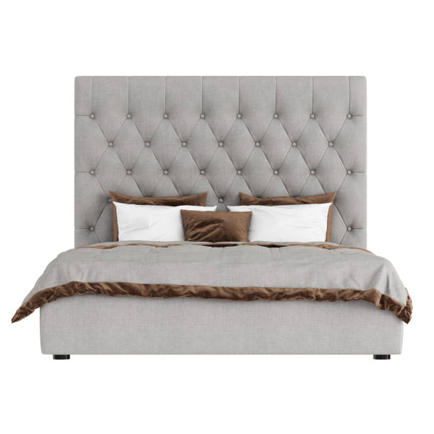Gray bed with a high quilted headboard and gray-white bedding with a brown trim on a white background. 3d rendering