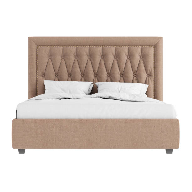istock Double bed in a classic style with soft beige quilted upholstery and white bedding on a white background. Front view. 3d rendering 1198891978
