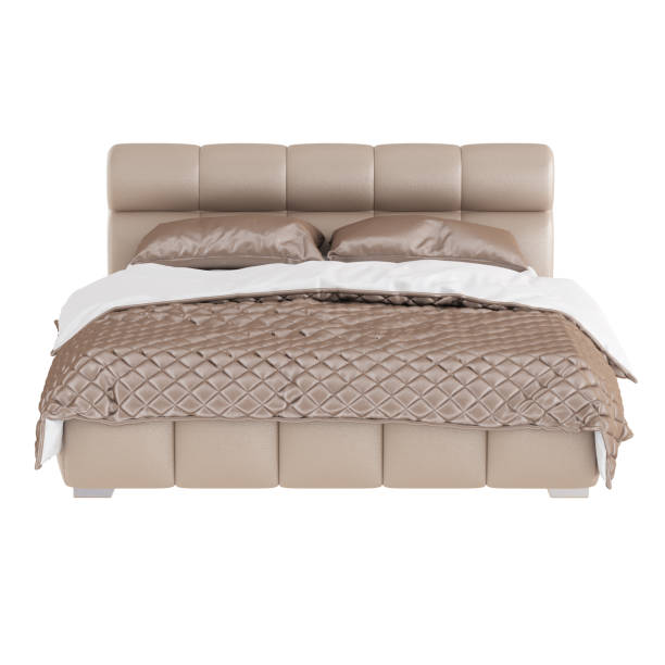 istock Double bed with tan leather upholstery with two pillows and a quilt on a white background. Front view. 3d rendering 1198891989