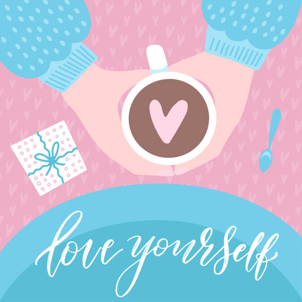 ilustrações de stock, clip art, desenhos animados e ícones de love yourself. humor valentine's day lettering. woman motivational slogan. two hands with mug, drinking coffee. top view. hand drawn vector illustration for poster, badge, card, poster, banner. - espresso women cup drink