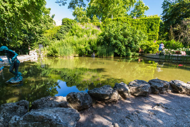 Editorial, Pond at Japanese Garden on Margaret Island in Budapest, Hungary Budapest, Pond at Japanese Garden on Margaret Island –  on July  3 2019 in Hungary wide angle. margitsziget stock pictures, royalty-free photos & images