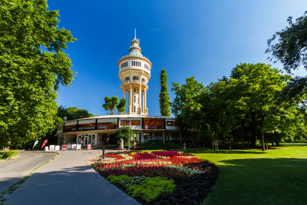 Editorial, Margaret Island with Water Tower in distance in Budapest, Hungary Budapest, Water Tower on Margaret Island, landscape –  on July  3 2019 in Hungary. margitsziget stock pictures, royalty-free photos & images