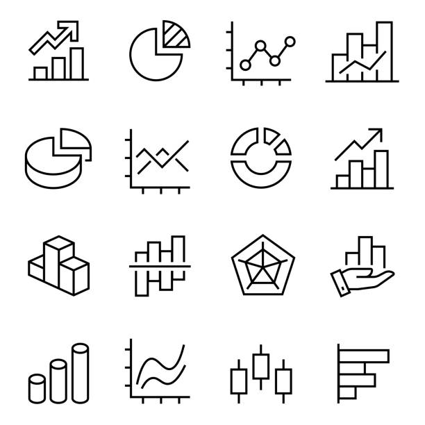 graphic and statistics icons set, editable vector stroke graphic and statistics icons set, collection of simple linear web icons volumetric graphs, linear, candlesticks, combined, bar graphs, pie charts, etc, editable vector stroke. graph illustrations stock illustrations