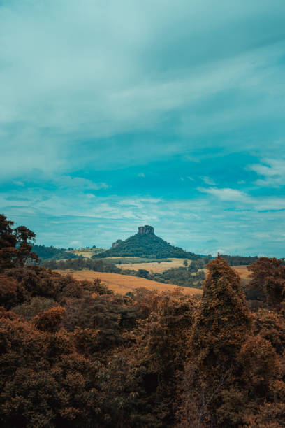 A square shaped mountain seen from afar, landscape