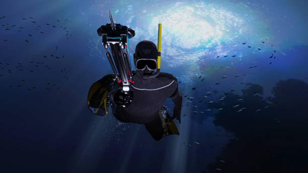 diver pointing his speargun to the viewer under deep sea 3d rendering - 3369 imagens e fotografias de stock