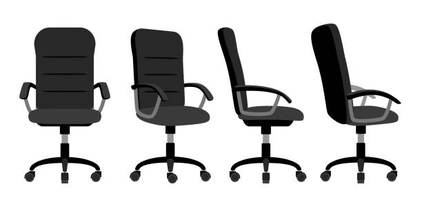 Office chair front and back Office chair front and back. Vector minimal office chairs angle view isolated on white background, empty work stool with wheels vector illustration chair stock illustrations