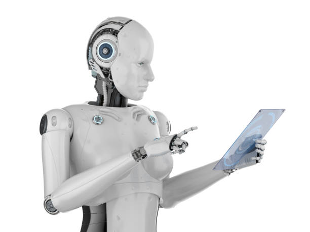 istock Female cyborg with glass tablet 1198926278