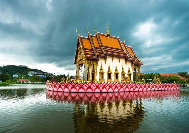 Ko Samui, Thailand - January 19, 2019: Temple Wat Plai Laem on Ko Samui Island is a modern Buddhist temple. This photograph was taken midday with full frame camera and Zeiss wide-angle lens.