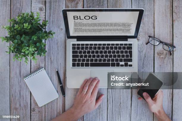 Writing A Blog Blogger Influencer Reading Text On Screen Stock Photo - Download Image Now