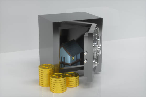 황금 동전 옆에있는 작은 집 모델, 3d 렌더링. - real estate safety architecture box 뉴스 사진 이미지