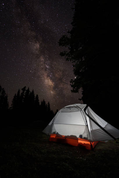 istock Iluminated tent with the Milky Way Galaxy rasing over it 1198934858