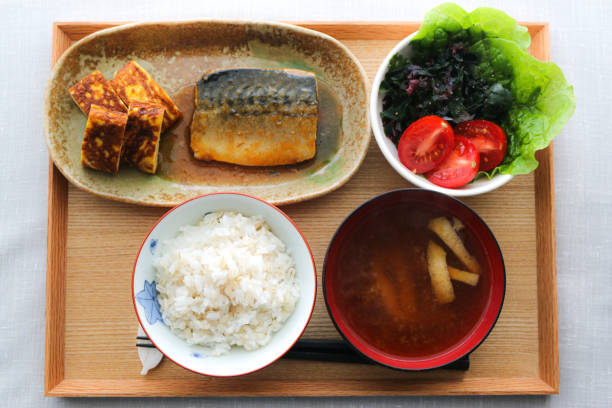 Jpanease healthy meal "Miso stewed set meal Saba no misoni teishoku" Mackerel simmered in miso sauce, known as “saba no misoni(サバの味噌煮),” a popular serving set meals in Japan. rice bowl restaurant stock pictures, royalty-free photos & images