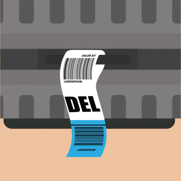 Vector illustration of luggage tag label on suitcase with country code and barcode. vector illustration