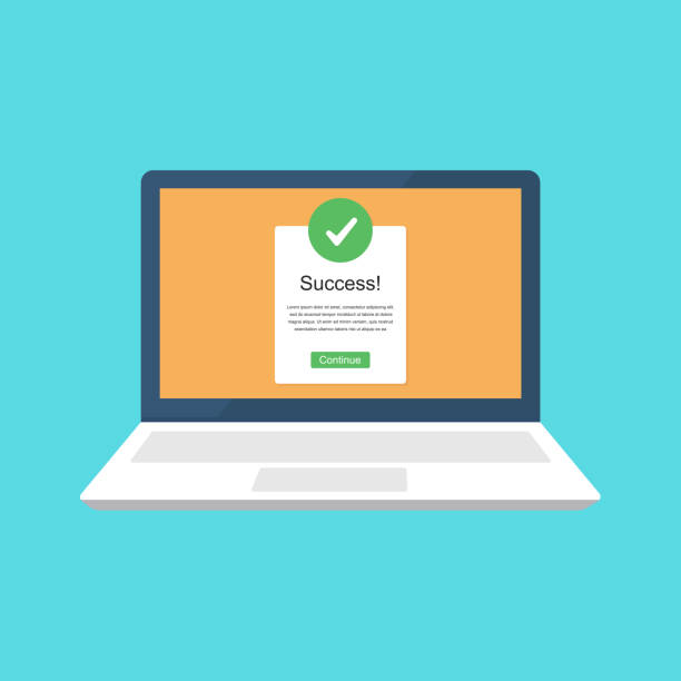 istock Laptop with checkmark notification vector illustration, flat cartoon of laptop with approved choice, idea of task done, updated or download complete. 1198942987