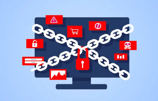 Vector illustration of Locked computer, network information security