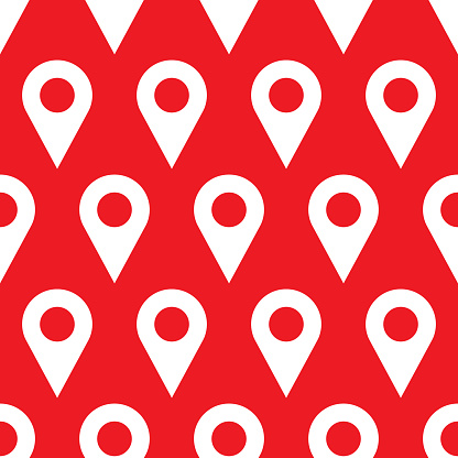 Vector illustration of location markers in a repeating pattern against a red background.