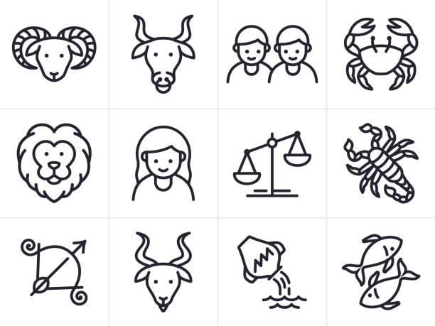 ilustraciones, imágenes clip art, dibujos animados e iconos de stock de iconos y símbolos de la línea de astrología - leo signo del zodíaco