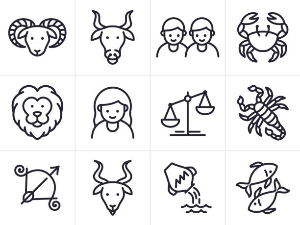 illustrazioni stock, clip art, cartoni animati e icone di tendenza di icone e simboli della linea astrologica - montone