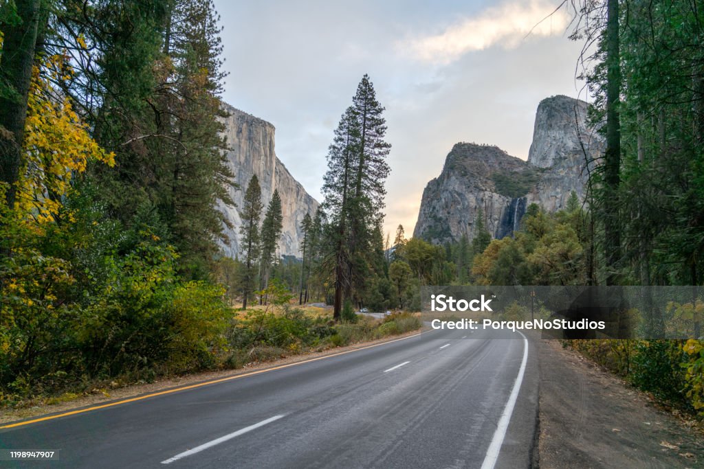View of Two Lane Road Through the Yosemite Park At Sunrise During Fall Season Road Stock Photo