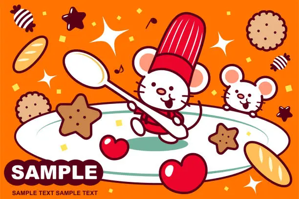 Vector illustration of Cute mouse chef on big empty plate holding a spoon surrounded by sweet candy and cookie