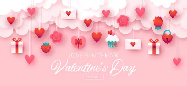 Vector illustration of Valentines day holiday banner design with paper cut elements  background.